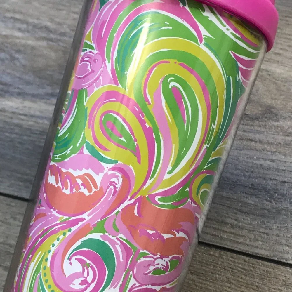 Lilly Pulitzer All Nighter Tumbler Travel Mug Cup Screw Lid Pink Flamingos 16oz.